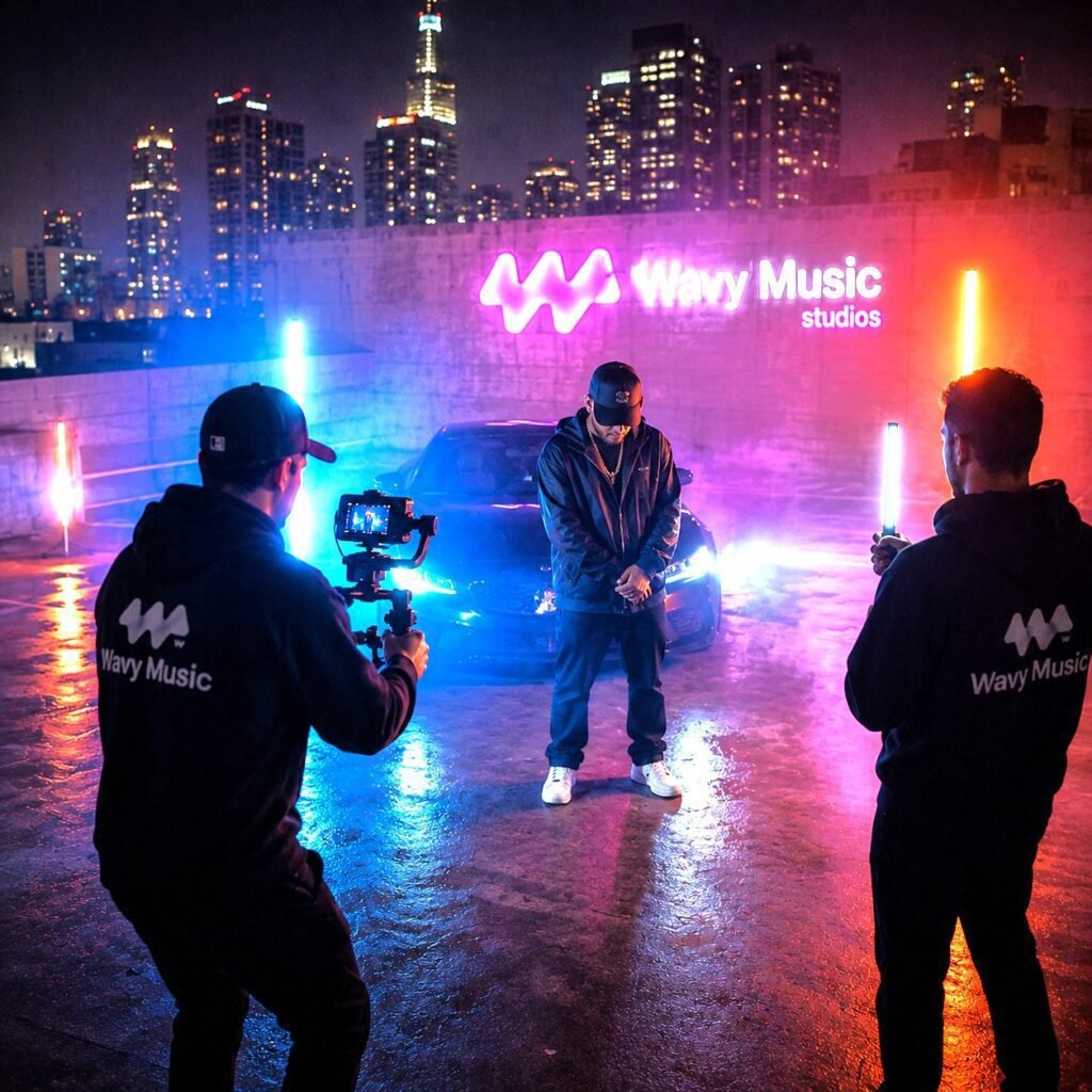 Cena urbana cinematográfica com neons